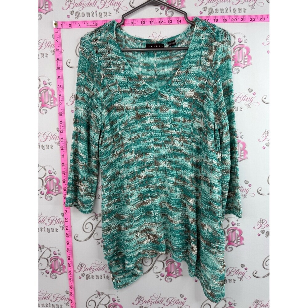 Tribal sweater knit knitted crochet Teal, White & Brown Marled V-Neck Sweater